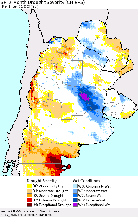 Southern South America SPI 2-Month Drought Severity (CHIRPS) Thematic Map For 5/1/2023 - 6/30/2023