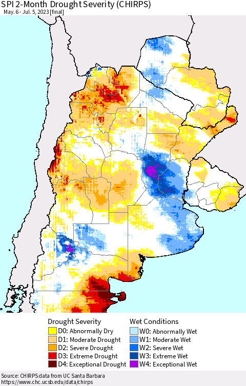 Southern South America SPI 2-Month Drought Severity (CHIRPS) Thematic Map For 5/6/2023 - 7/5/2023
