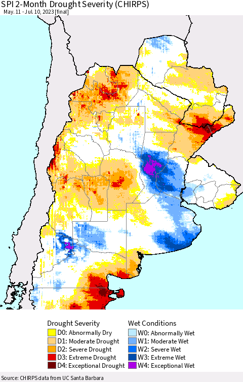 Southern South America SPI 2-Month Drought Severity (CHIRPS) Thematic Map For 5/11/2023 - 7/10/2023