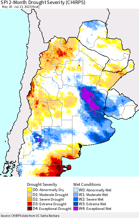 Southern South America SPI 2-Month Drought Severity (CHIRPS) Thematic Map For 5/16/2023 - 7/15/2023