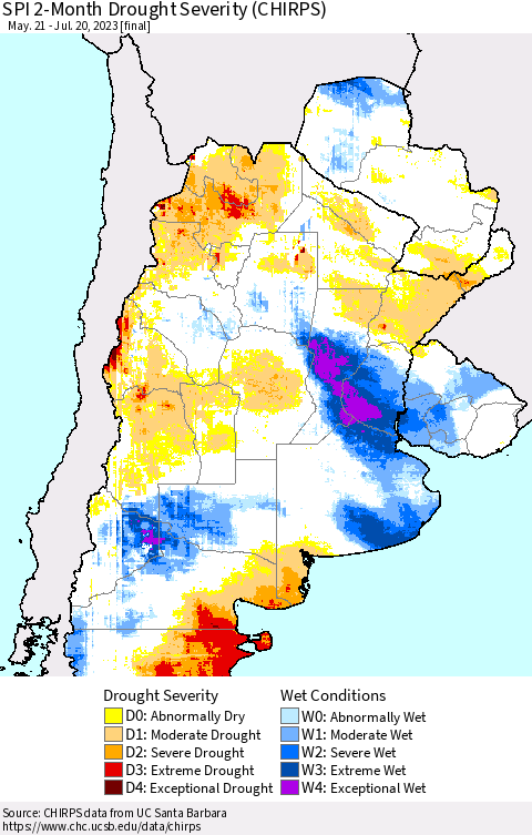 Southern South America SPI 2-Month Drought Severity (CHIRPS) Thematic Map For 5/21/2023 - 7/20/2023
