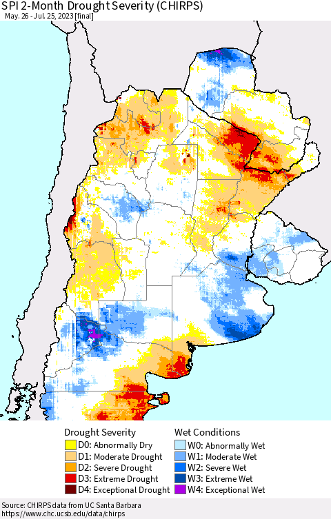 Southern South America SPI 2-Month Drought Severity (CHIRPS) Thematic Map For 5/26/2023 - 7/25/2023