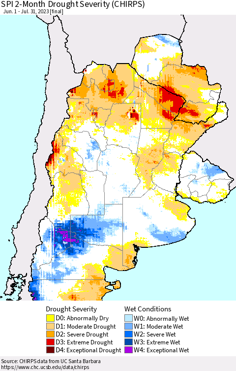 Southern South America SPI 2-Month Drought Severity (CHIRPS) Thematic Map For 6/1/2023 - 7/31/2023