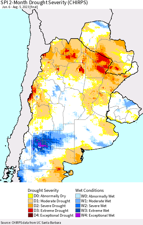 Southern South America SPI 2-Month Drought Severity (CHIRPS) Thematic Map For 6/6/2023 - 8/5/2023