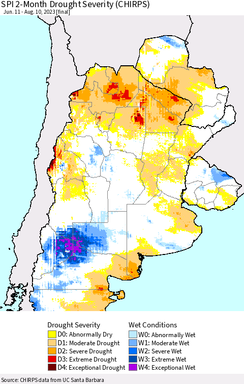 Southern South America SPI 2-Month Drought Severity (CHIRPS) Thematic Map For 6/11/2023 - 8/10/2023