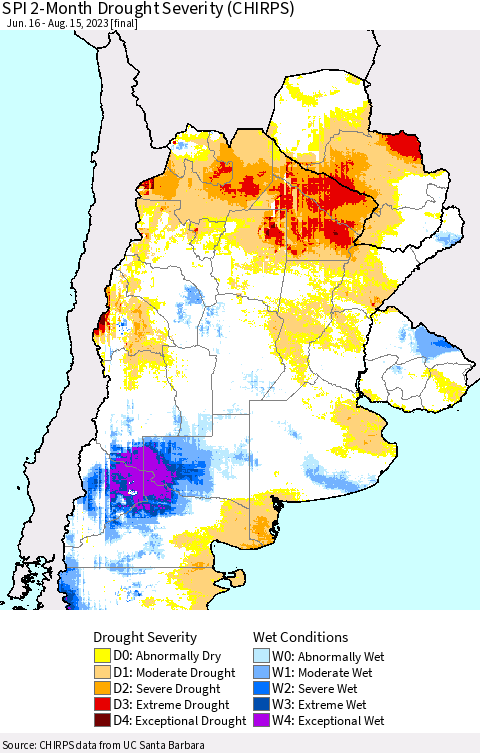 Southern South America SPI 2-Month Drought Severity (CHIRPS) Thematic Map For 6/16/2023 - 8/15/2023