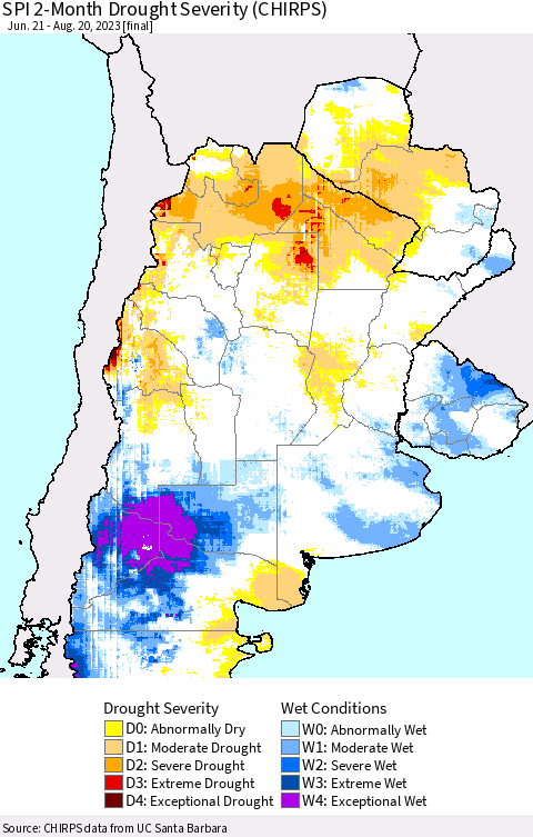 Southern South America SPI 2-Month Drought Severity (CHIRPS) Thematic Map For 6/21/2023 - 8/20/2023