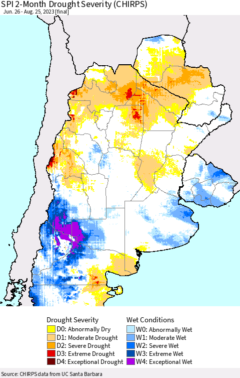 Southern South America SPI 2-Month Drought Severity (CHIRPS) Thematic Map For 6/26/2023 - 8/25/2023