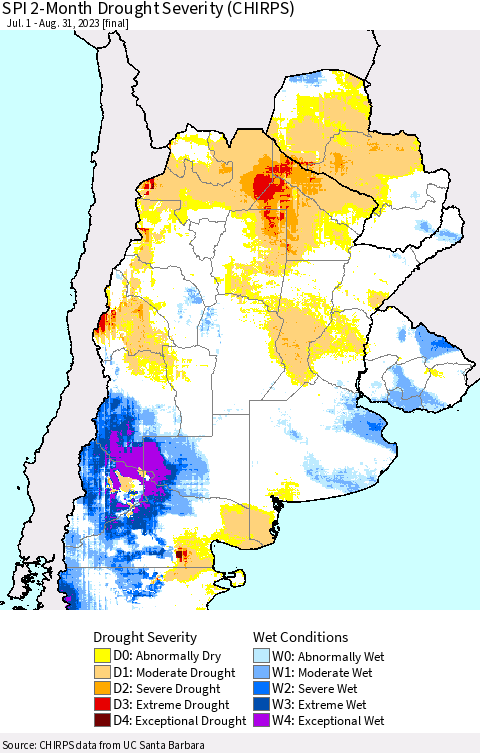 Southern South America SPI 2-Month Drought Severity (CHIRPS) Thematic Map For 7/1/2023 - 8/31/2023