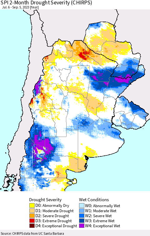 Southern South America SPI 2-Month Drought Severity (CHIRPS) Thematic Map For 7/6/2023 - 9/5/2023