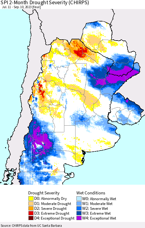 Southern South America SPI 2-Month Drought Severity (CHIRPS) Thematic Map For 7/11/2023 - 9/10/2023