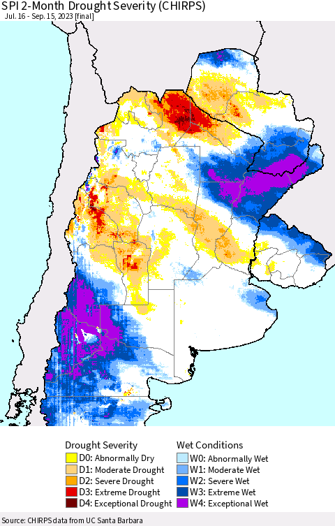 Southern South America SPI 2-Month Drought Severity (CHIRPS) Thematic Map For 7/16/2023 - 9/15/2023