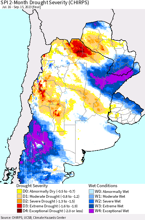 Southern South America SPI 2-Month Drought Severity (CHIRPS) Thematic Map For 7/16/2023 - 9/15/2023