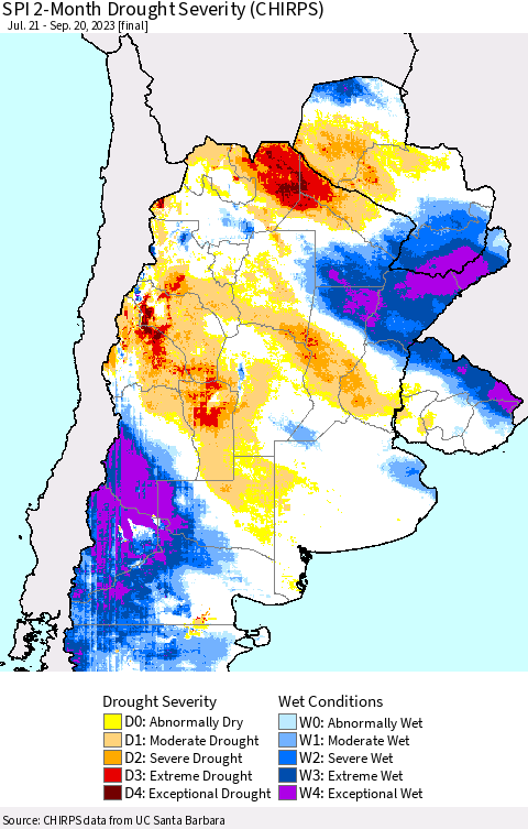 Southern South America SPI 2-Month Drought Severity (CHIRPS) Thematic Map For 7/21/2023 - 9/20/2023