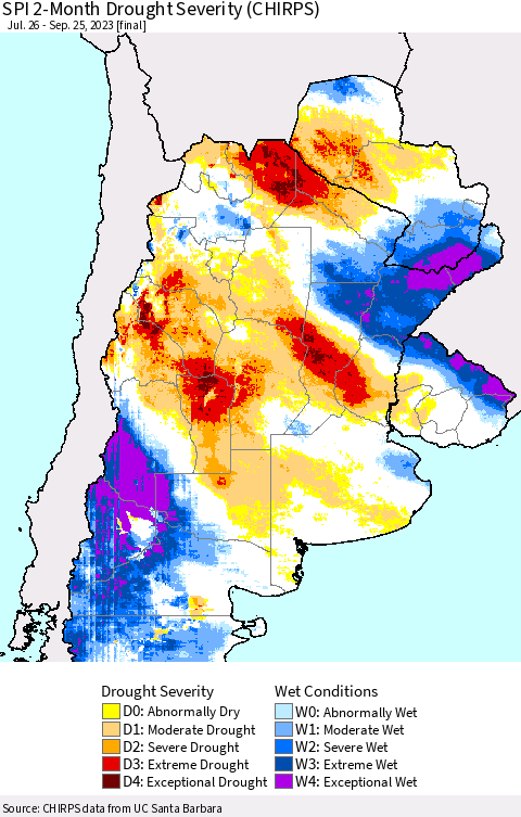 Southern South America SPI 2-Month Drought Severity (CHIRPS) Thematic Map For 7/26/2023 - 9/25/2023