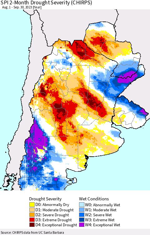 Southern South America SPI 2-Month Drought Severity (CHIRPS) Thematic Map For 8/1/2023 - 9/30/2023