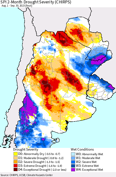 Southern South America SPI 2-Month Drought Severity (CHIRPS) Thematic Map For 8/1/2023 - 9/30/2023