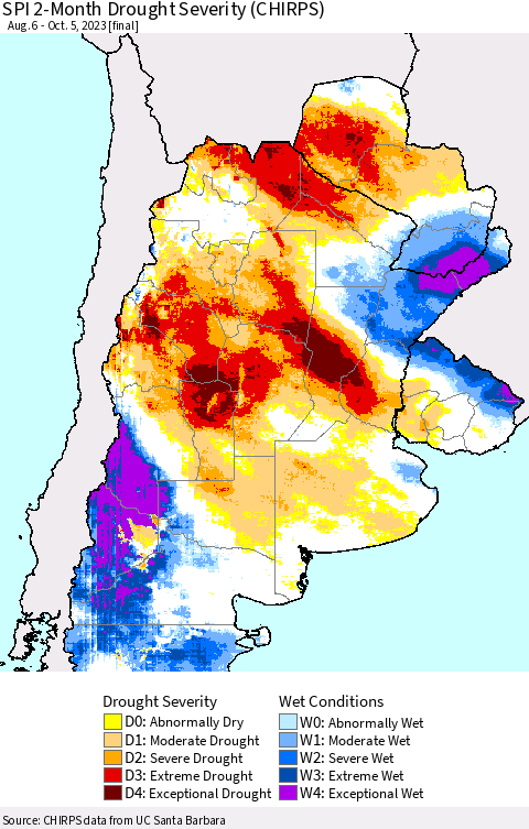 Southern South America SPI 2-Month Drought Severity (CHIRPS) Thematic Map For 8/6/2023 - 10/5/2023
