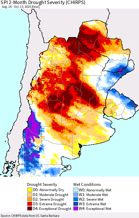 Southern South America SPI 2-Month Drought Severity (CHIRPS) Thematic Map For 8/16/2023 - 10/15/2023
