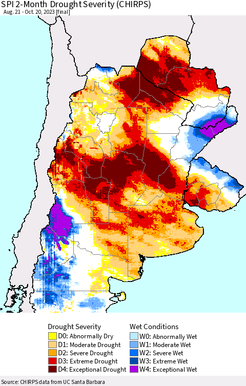 Southern South America SPI 2-Month Drought Severity (CHIRPS) Thematic Map For 8/21/2023 - 10/20/2023