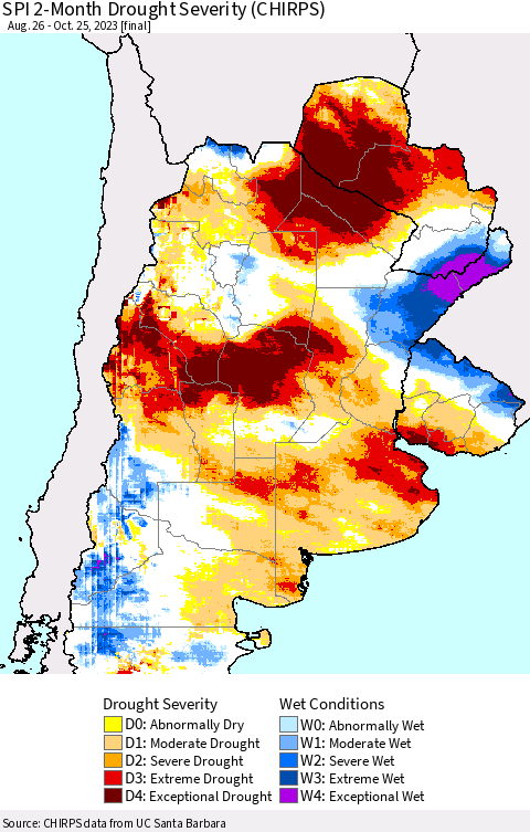 Southern South America SPI 2-Month Drought Severity (CHIRPS) Thematic Map For 8/26/2023 - 10/25/2023