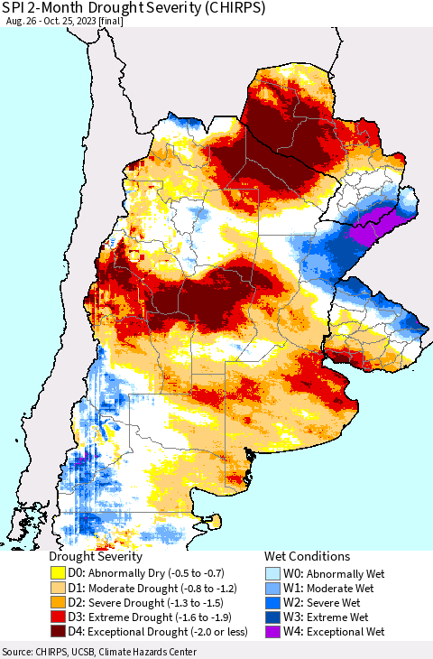 Southern South America SPI 2-Month Drought Severity (CHIRPS) Thematic Map For 8/26/2023 - 10/25/2023