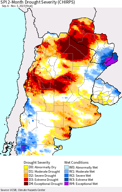 Southern South America SPI 2-Month Drought Severity (CHIRPS) Thematic Map For 9/6/2023 - 11/5/2023
