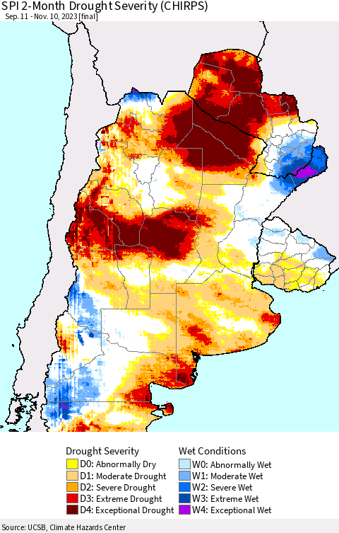 Southern South America SPI 2-Month Drought Severity (CHIRPS) Thematic Map For 9/11/2023 - 11/10/2023