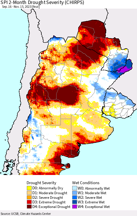 Southern South America SPI 2-Month Drought Severity (CHIRPS) Thematic Map For 9/16/2023 - 11/15/2023