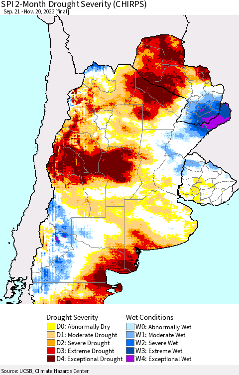 Southern South America SPI 2-Month Drought Severity (CHIRPS) Thematic Map For 9/21/2023 - 11/20/2023