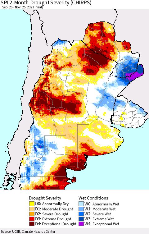 Southern South America SPI 2-Month Drought Severity (CHIRPS) Thematic Map For 9/26/2023 - 11/25/2023
