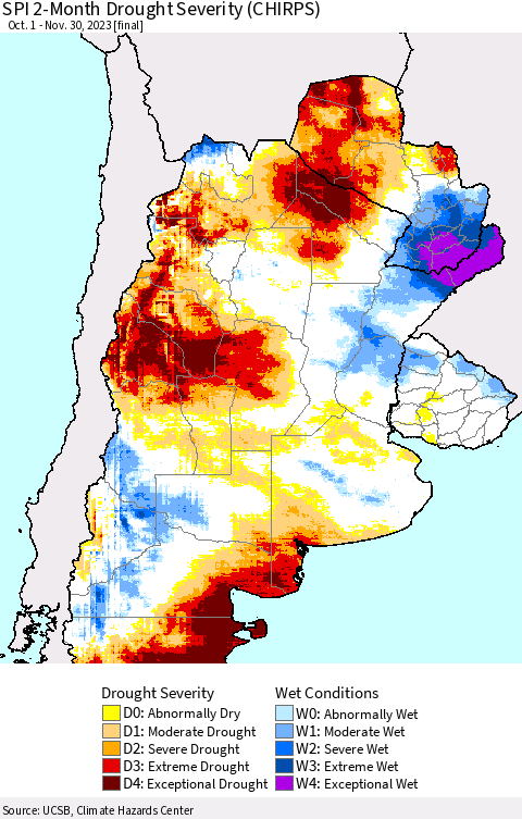 Southern South America SPI 2-Month Drought Severity (CHIRPS) Thematic Map For 10/1/2023 - 11/30/2023