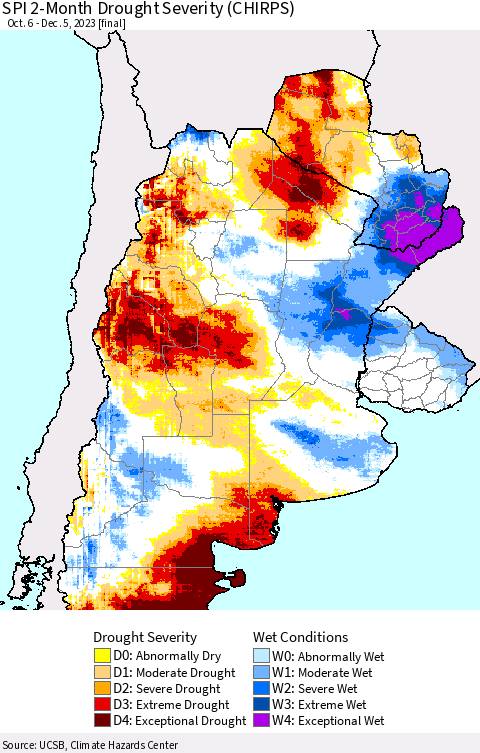 Southern South America SPI 2-Month Drought Severity (CHIRPS) Thematic Map For 10/6/2023 - 12/5/2023