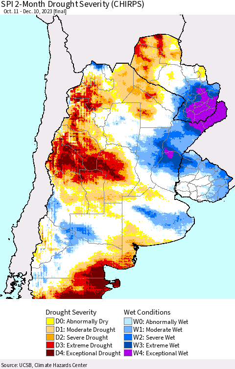 Southern South America SPI 2-Month Drought Severity (CHIRPS) Thematic Map For 10/11/2023 - 12/10/2023