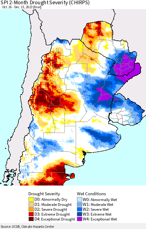 Southern South America SPI 2-Month Drought Severity (CHIRPS) Thematic Map For 10/16/2023 - 12/15/2023