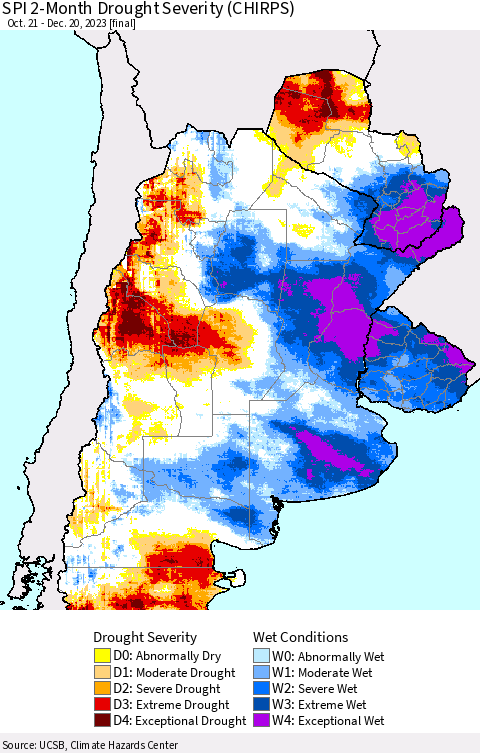 Southern South America SPI 2-Month Drought Severity (CHIRPS) Thematic Map For 10/21/2023 - 12/20/2023