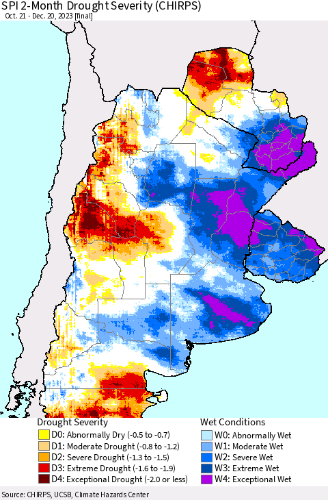 Southern South America SPI 2-Month Drought Severity (CHIRPS) Thematic Map For 10/21/2023 - 12/20/2023