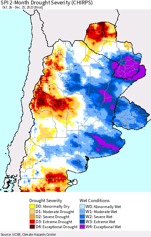 Southern South America SPI 2-Month Drought Severity (CHIRPS) Thematic Map For 10/26/2023 - 12/25/2023