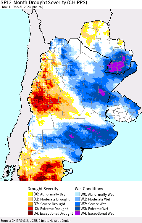 Southern South America SPI 2-Month Drought Severity (CHIRPS) Thematic Map For 11/1/2023 - 12/31/2023
