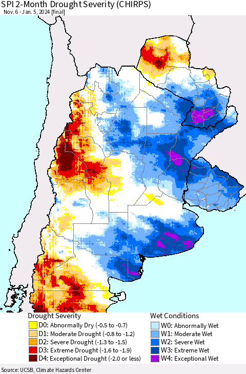 Southern South America SPI 2-Month Drought Severity (CHIRPS) Thematic Map For 11/6/2023 - 1/5/2024