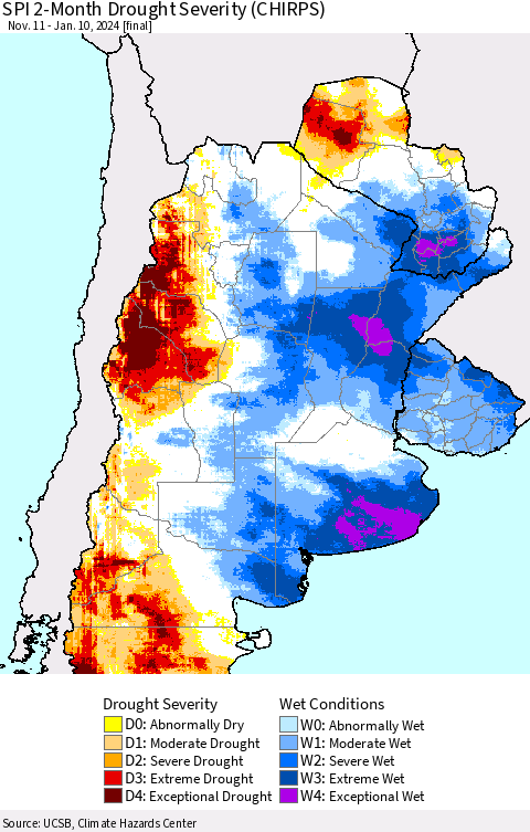 Southern South America SPI 2-Month Drought Severity (CHIRPS) Thematic Map For 11/11/2023 - 1/10/2024