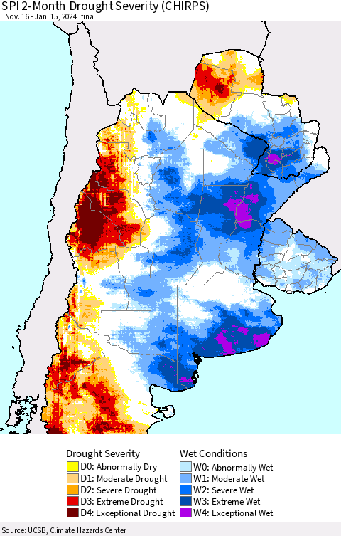 Southern South America SPI 2-Month Drought Severity (CHIRPS) Thematic Map For 11/16/2023 - 1/15/2024