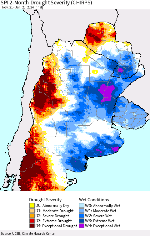 Southern South America SPI 2-Month Drought Severity (CHIRPS) Thematic Map For 11/21/2023 - 1/20/2024