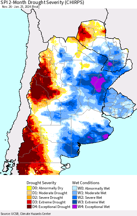 Southern South America SPI 2-Month Drought Severity (CHIRPS) Thematic Map For 11/26/2023 - 1/25/2024