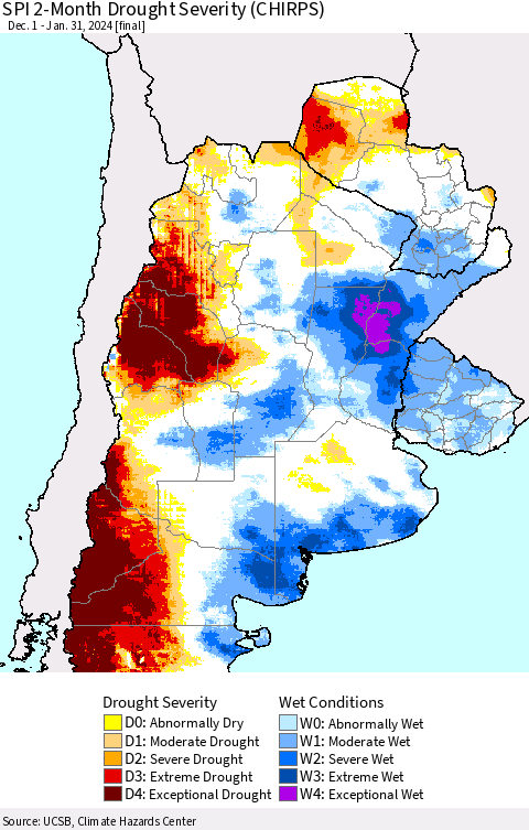 Southern South America SPI 2-Month Drought Severity (CHIRPS) Thematic Map For 12/1/2023 - 1/31/2024