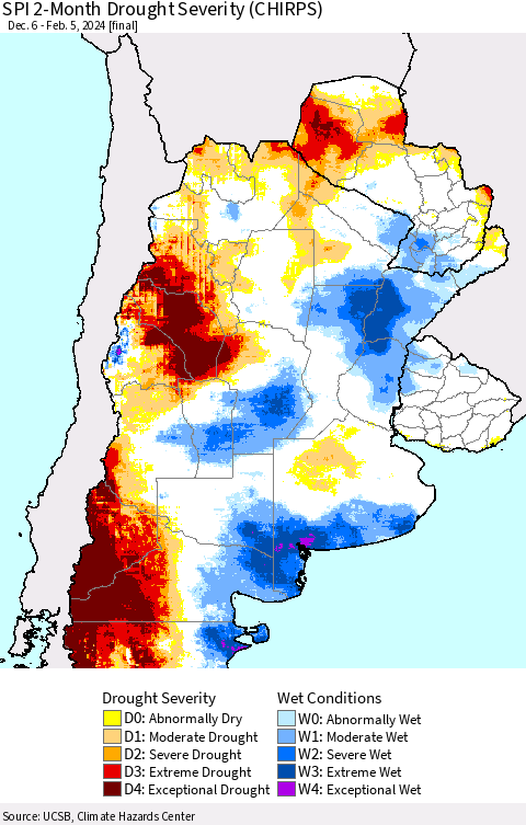 Southern South America SPI 2-Month Drought Severity (CHIRPS) Thematic Map For 12/6/2023 - 2/5/2024