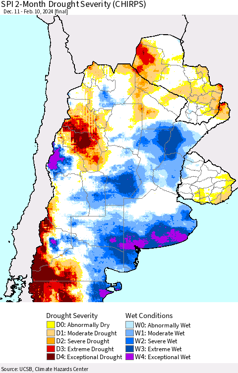 Southern South America SPI 2-Month Drought Severity (CHIRPS) Thematic Map For 12/11/2023 - 2/10/2024