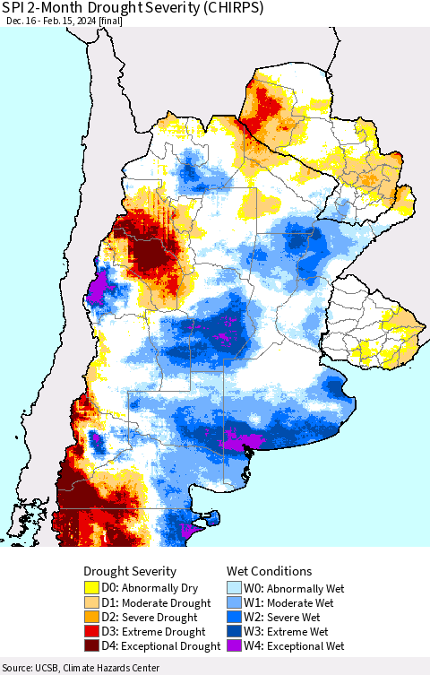 Southern South America SPI 2-Month Drought Severity (CHIRPS) Thematic Map For 12/16/2023 - 2/15/2024