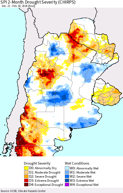 Southern South America SPI 2-Month Drought Severity (CHIRPS) Thematic Map For 12/21/2023 - 2/20/2024