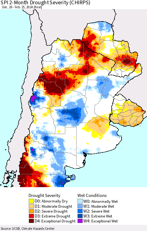Southern South America SPI 2-Month Drought Severity (CHIRPS) Thematic Map For 12/26/2023 - 2/25/2024